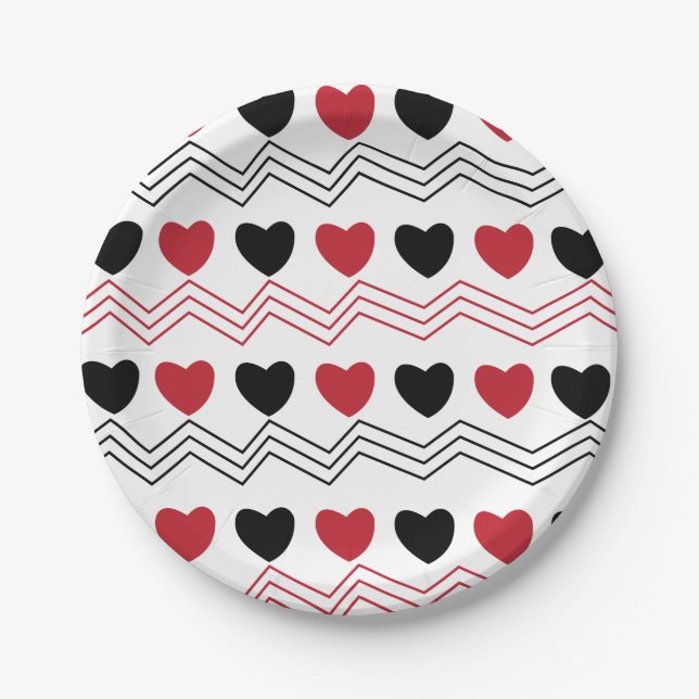 Valentines Day Love Hearts Chevron Stripe Party Paper Plates (Front)