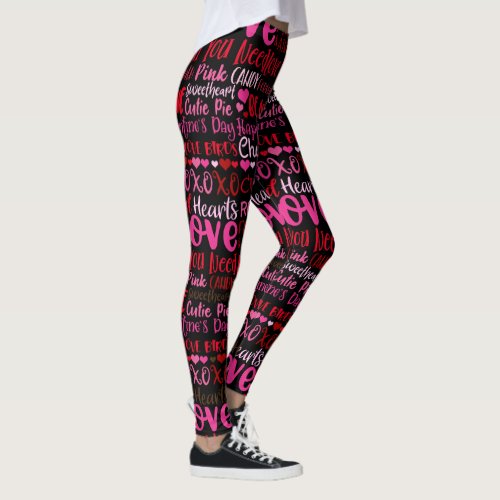 Valentines Day Love Hearts Pink Red Black Legging