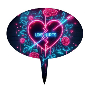 Valentine's Day Love Hurts Neon Heart Cake Topper