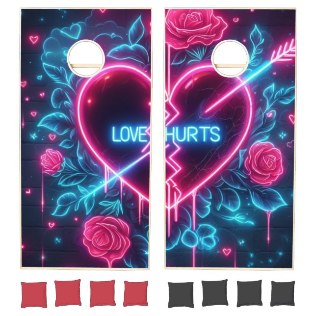 Valentine's Day Love Hurts Neon Heart Cornhole Set (Set)