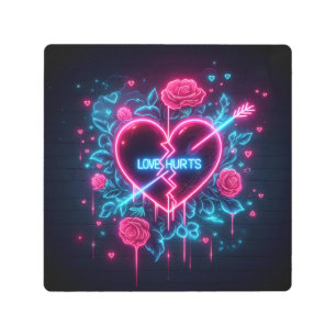 Valentine's Day Love Hurts Neon Heart Metal Print