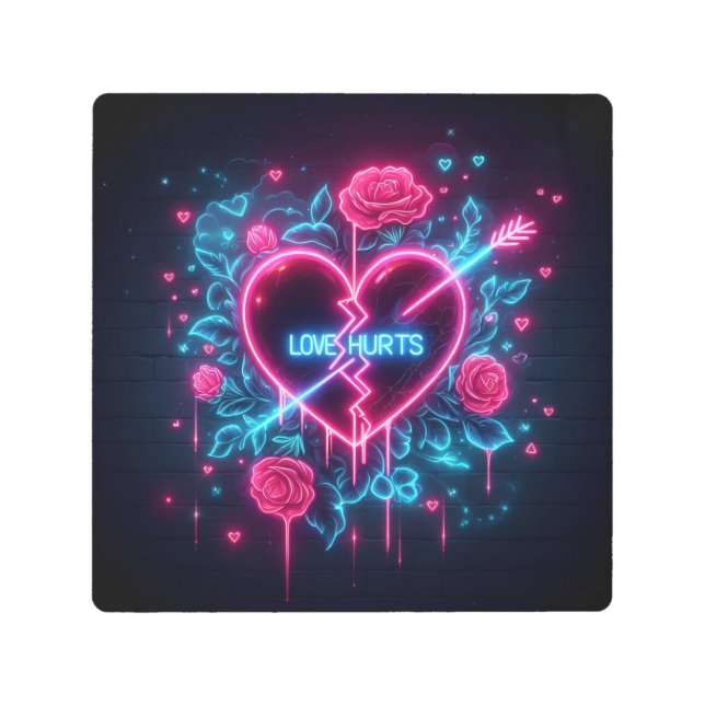 Valentine's Day Love Hurts Neon Heart Metal Print (Front)