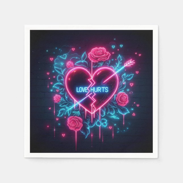 Valentine's Day Love Hurts Neon Heart Napkins (Front)