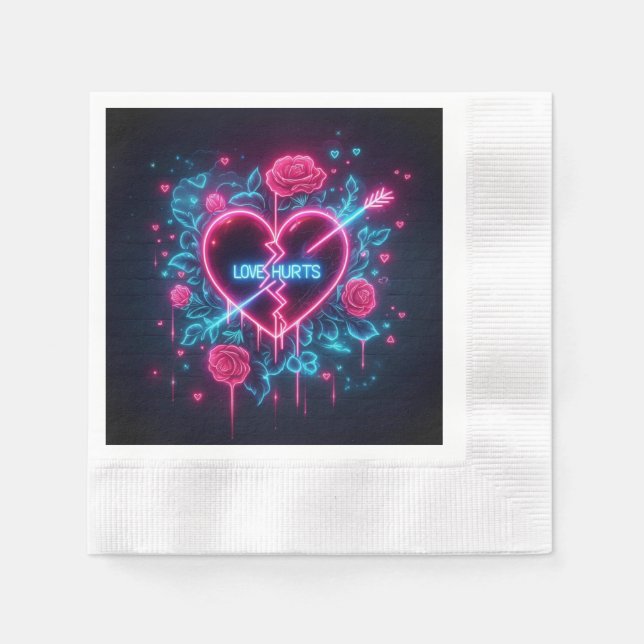 Valentine's Day Love Hurts Neon Heart Napkins (Front)