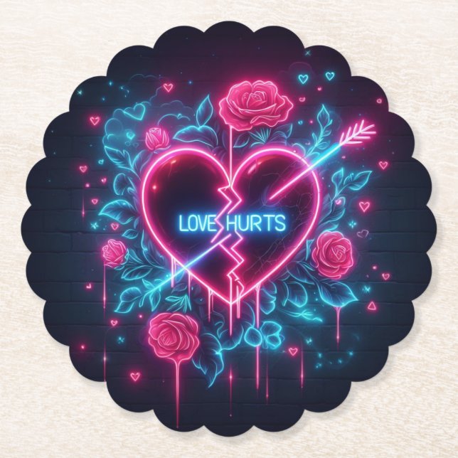 Valentine's Day Love Hurts Neon Heart Paper Coaster (Front)