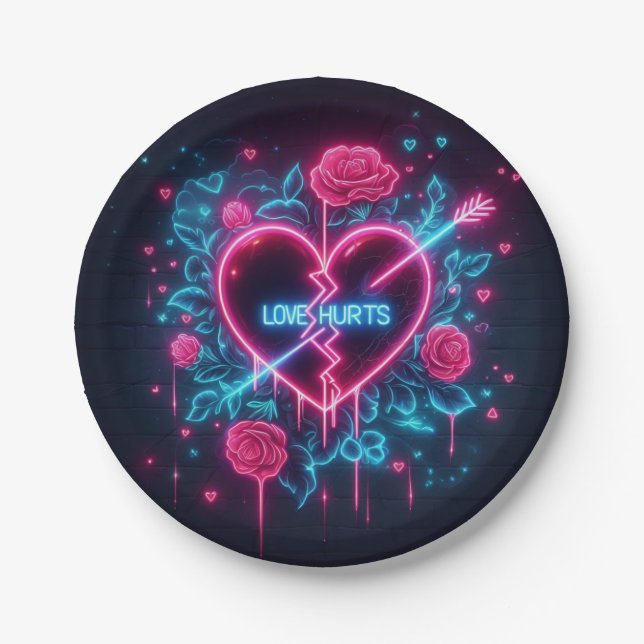 Valentine's Day Love Hurts Neon Heart Paper Plates (Front)