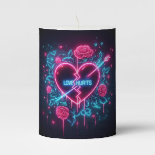 Valentine's Day Love Hurts Neon Heart Pillar Candle