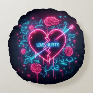 Valentine's Day Love Hurts Neon Heart Round Pillow