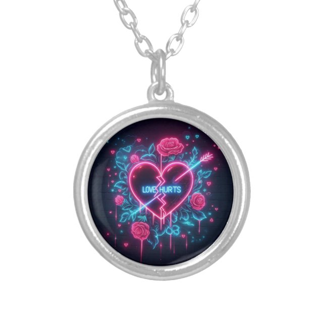 Valentine's Day Love Hurts Neon Heart Silver Plated Necklace (Front)