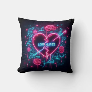 Valentine's Day Love Hurts Neon Heart Throw Pillow