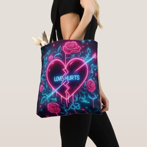 Valentines Day Love Hurts Neon Heart Tote Bag