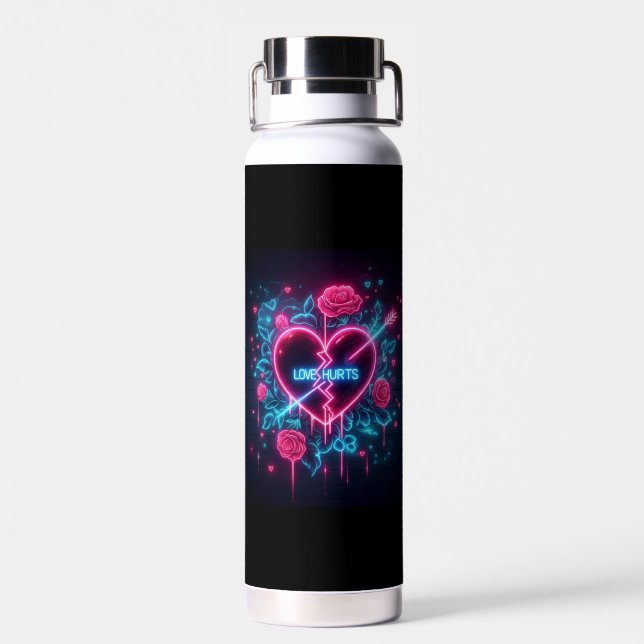 Valentine's Day Love Hurts Neon Heart Water Bottle (Back)