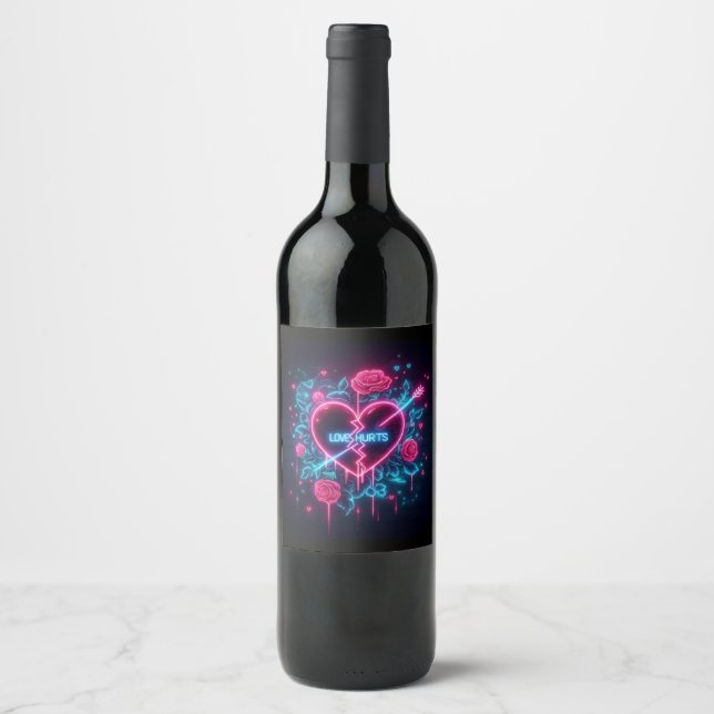 Valentine's Day Love Hurts Neon Heart Wine Label (Front)