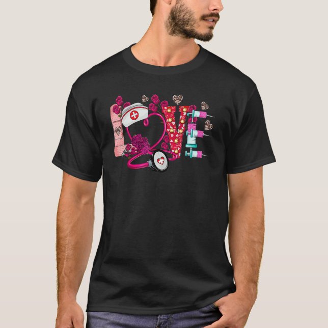 Valentines Day Love Nurse Rose Heart Matching Coup T-Shirt (Front)