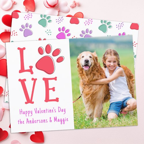 Valentines Day LOVE Paw Print Modern Dog Pet Photo Holiday Card