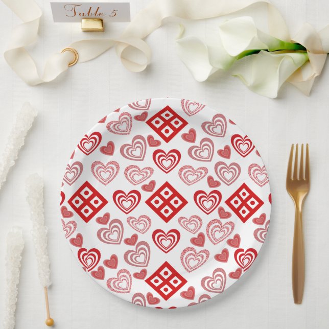Valentine's Day Love Pink, Red and White Pattern Paper Plates (Wedding)