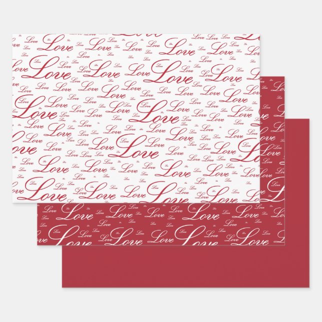 Valentine's Day "Love" Red Typography Pattern Wrapping Paper Sheets (Set)