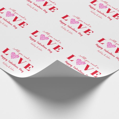 Valentines Day Love Script Hearts Red White  Wrapping Paper