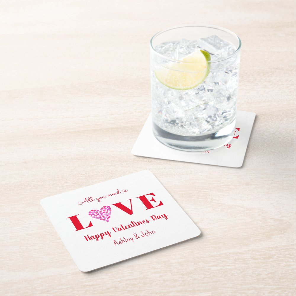 Disover Valentines Day Love Script Red Heart Square Paper Coaster