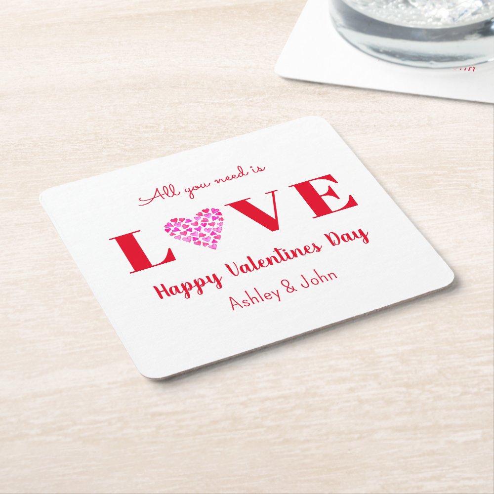 Disover Valentines Day Love Script Red Heart Square Paper Coaster