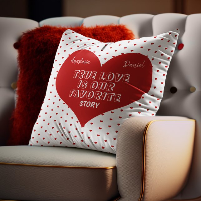 Valentines Day love story quote red heart pattern Throw Pillow (Creator Uploaded)