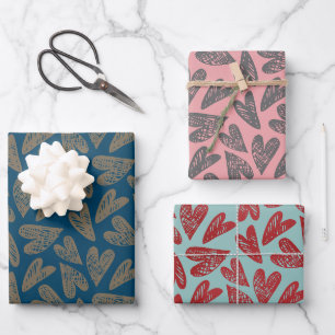 Valentine's Day Lovely Rustic Doodled Hearts Wrapping Paper Sheets