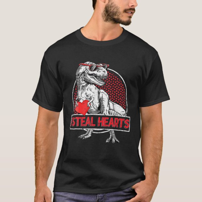 Valentines Day Lover I Steal Hearts T Rex Dinosaur T-Shirt (Front)