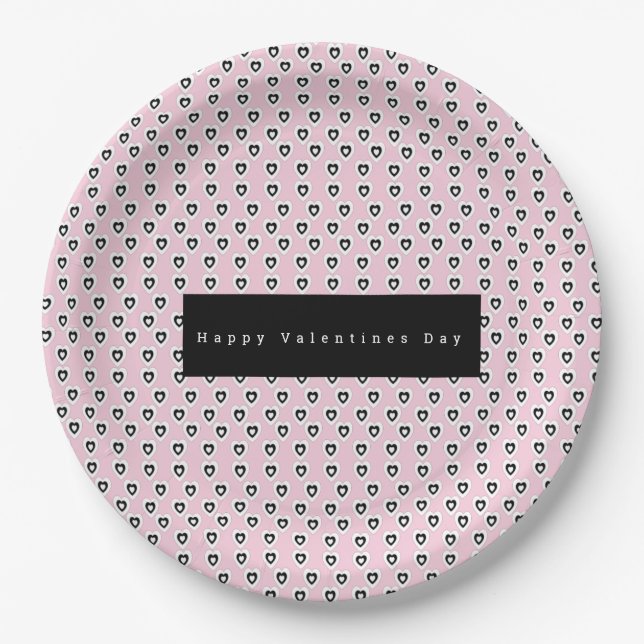 Valentines Day Mini Hearts Pattern Pink Black Paper Plates (Front)