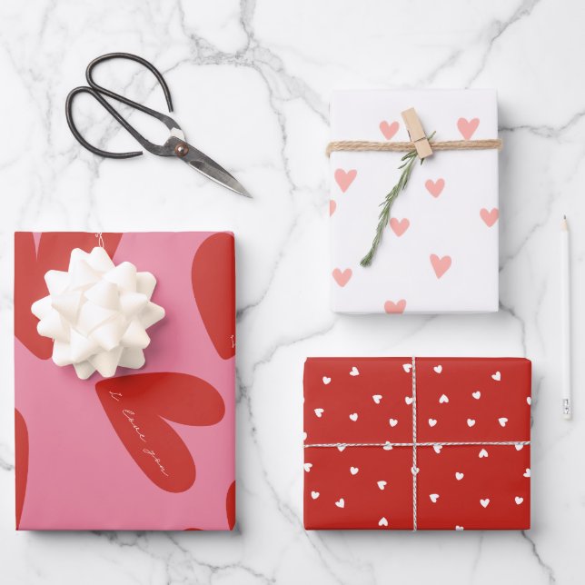 Valentine's Day Modern Red & Pink Hearts Script Wrapping Paper Sheets (Front)