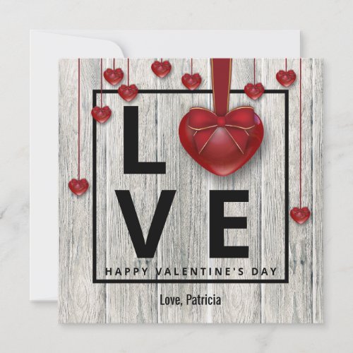 Valentines Day Modern Rustic Wood LOVE Red Hearts Holiday Card
