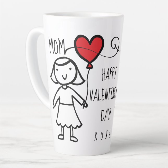 Valentine's Day Mom Red Heart Cartoon XOXO Latte Mug (Left Angle)