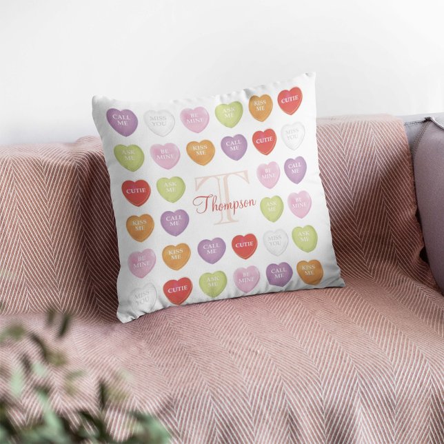 Valentine's Day Monogram Cute Heart Candy Throw Pillow (Creator Uploaded)