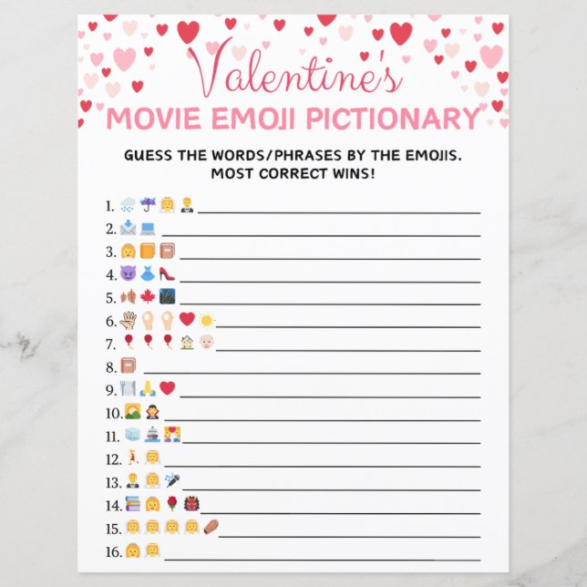 Valentine's Day Movie Emoji Pictionary Game (Front)
