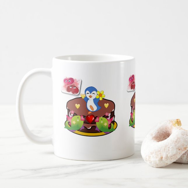 Valentine's Day Mugs Penguin Hearts (With Donut)
