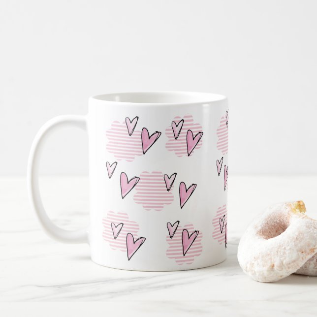 Valentine's Day Mugs Pink Stripe Hearts (With Donut)