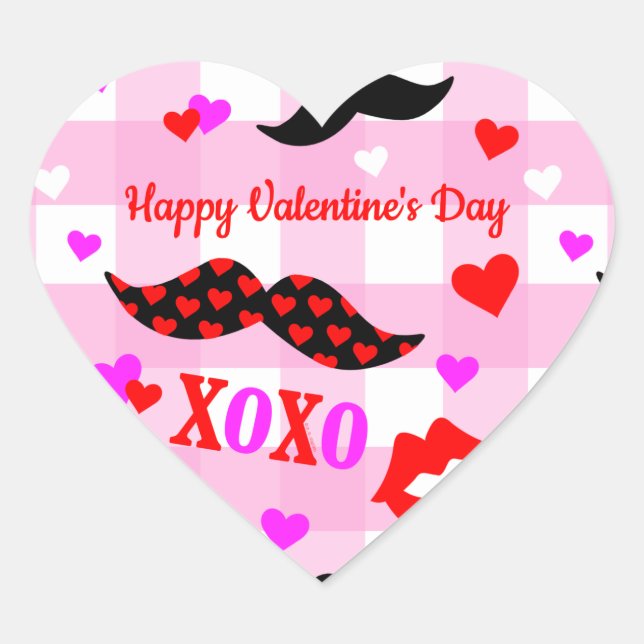 Valentine's Day Mustaches Love and Kisses  Heart Sticker (Front)