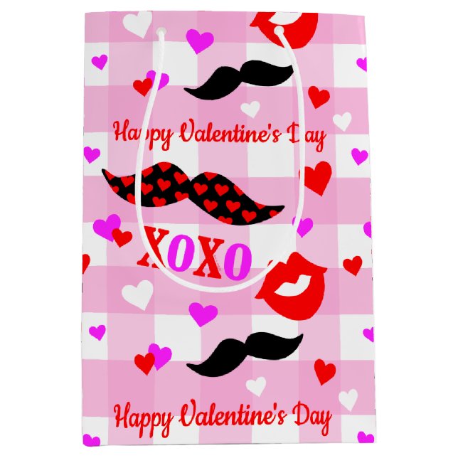 Valentine's Day Mustaches Love and Kisses Medium Gift Bag (Front)