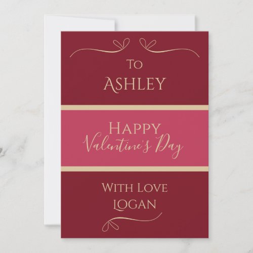 Valentines Day Name Minimal Burgundy Hot Pink Gold Holiday Card