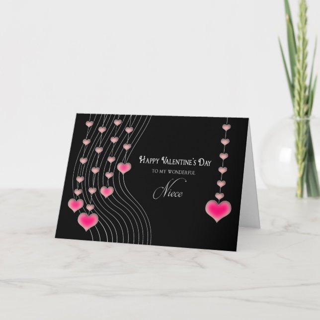 Valentine's Day - Niece - Black/Pink Hearts Holiday Card (Front)