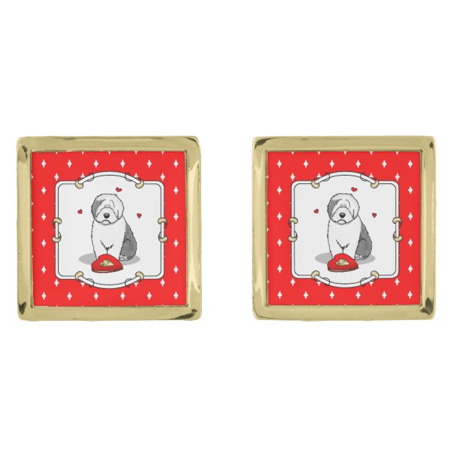 Valentine's Day Old English Sheepdog Gray 1 Cute Cufflinks (Front)