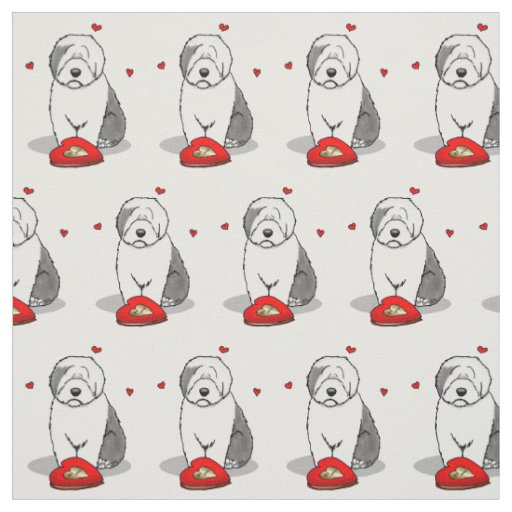 Valentine's Day Old English Sheepdog Gray 1 Cute Fabric