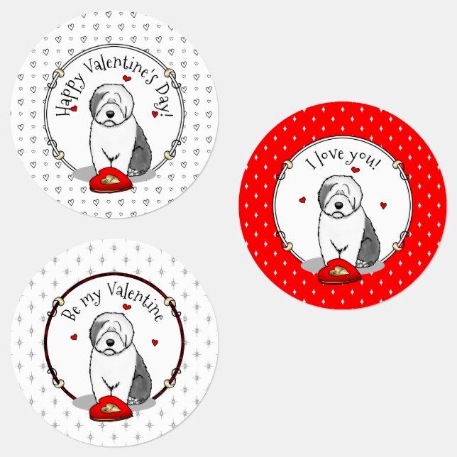 Valentine's Day Old English Sheepdog Gray 1 Cute Labels (Group)