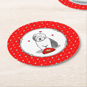 Valentine's Day Old English Sheepdog Gray 1 Cute Round Paper Coaster