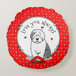 Valentine's Day Old English Sheepdog Gray 1 Cute Round Pillow