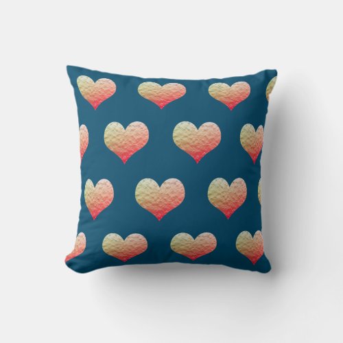 Valentines Day Ombre Gold Heart Pattern Ocean Blue Throw Pillow