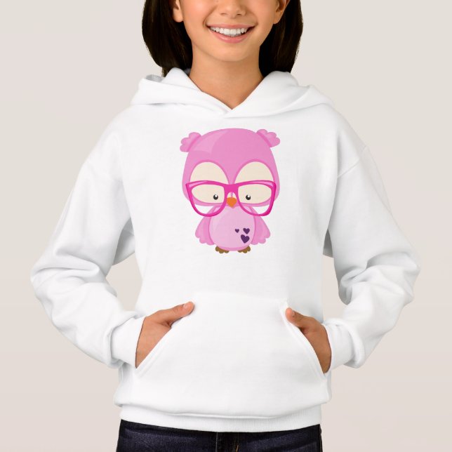 Valentine's Day Owl, Pink Owl, Glasses, Hearts Hoodie (Front)
