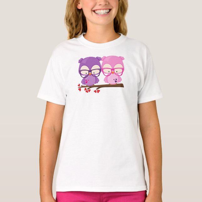 Valentine's Day Owls, Pink Owl, Purple Owl, Hearts T-Shirt (Front)