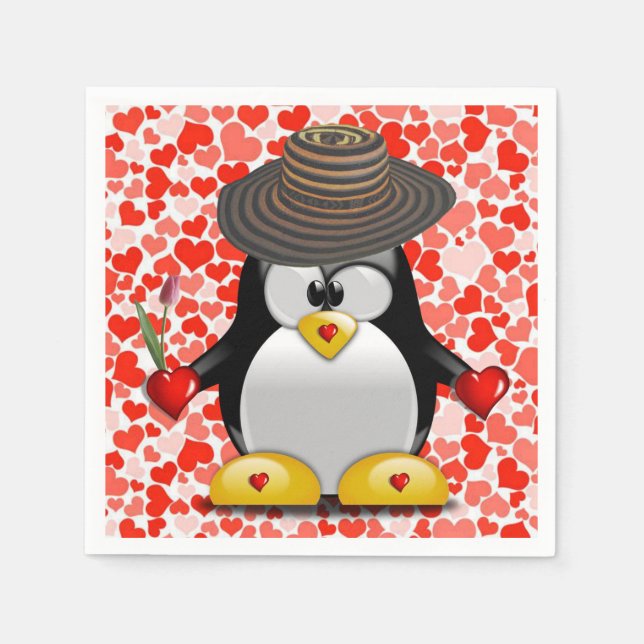 Valentine's Day Paper Napkins, Penguin Napkins (Front)