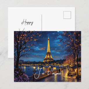 Valentine's Day Paris at Night with Eiffel Tower- Holiday Postcard