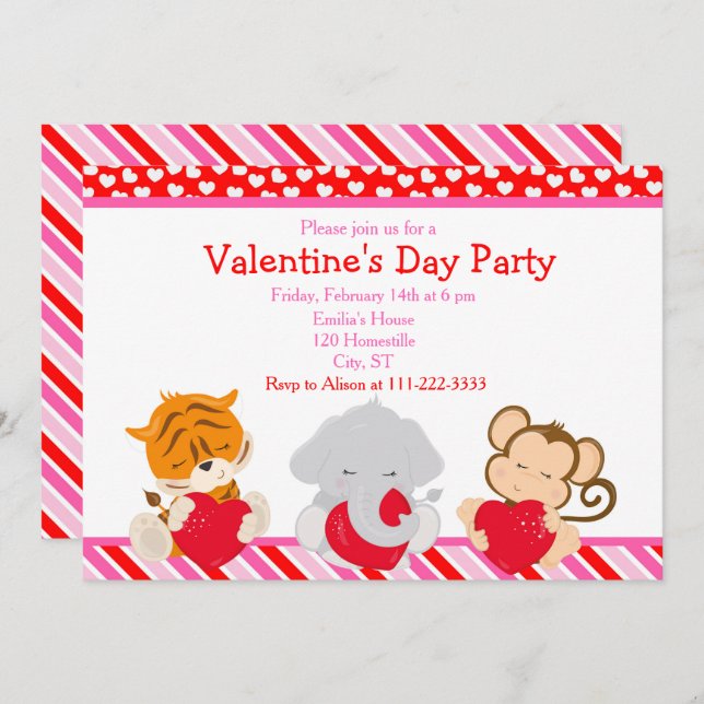 Valentine's Day Party Animals Invitation (Front/Back)